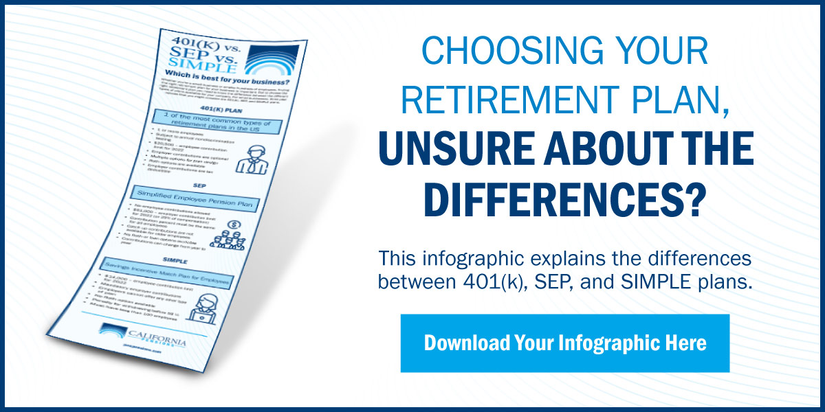 Choosing your retirement plan, unsure about the differences? This infographic explains the differences between 401(k), SEP, and SIMPLE plans. Download your infographic here